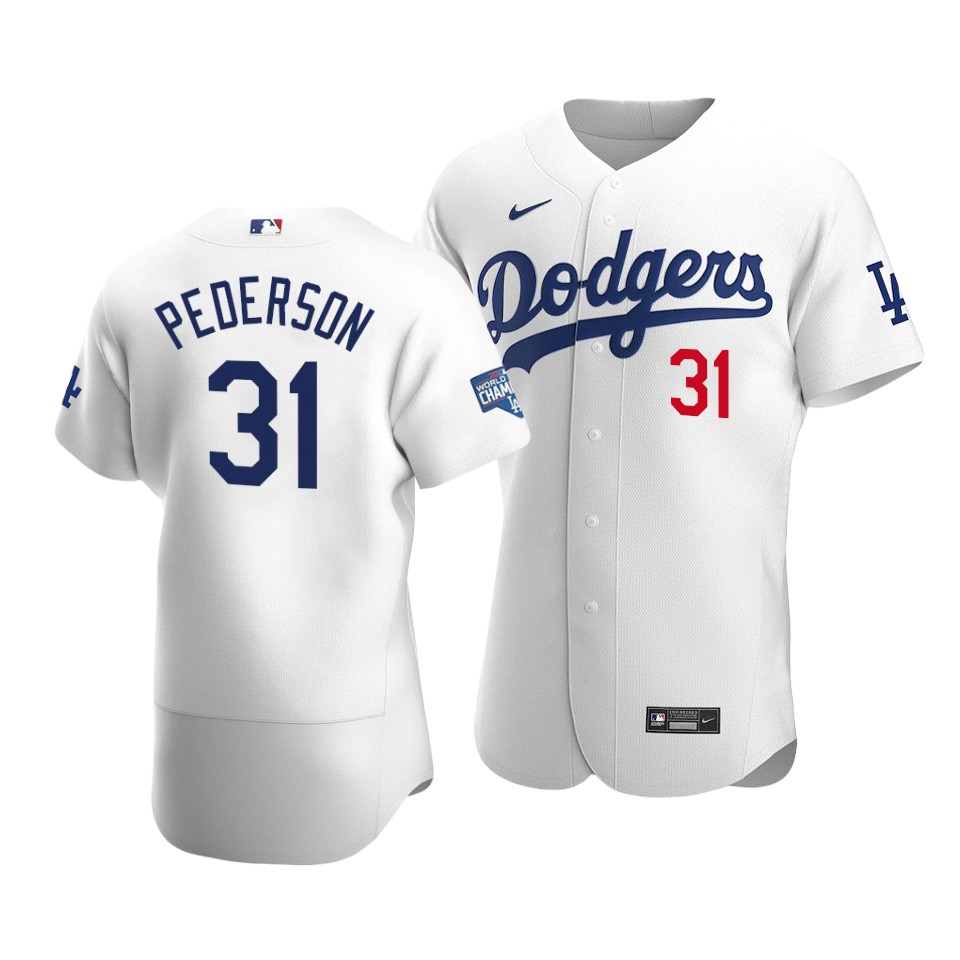 Men's Los Angeles Dodgers #31 Joc Pederson 2020 White World Series Champions Patch Flex Base Sttiched Jersey